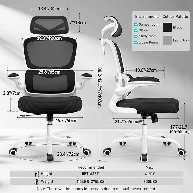 High Back Ergonomic Office Chair, Breathable Mesh Desk Chair with Lumbar Support, Adjustable Headrest, Flip-up Armrests, Computer Gaming Chair