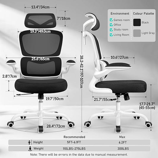 High Back Ergonomic Office Chair, Breathable Mesh Desk Chair with Lumbar Support, Adjustable Headrest, Flip-up Armrests, Computer Gaming Chair