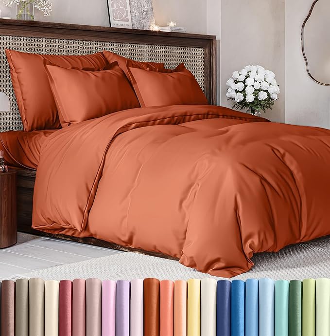 Duvet Cover Queen Size Set - Extra Soft Queen Size Duvet Cover 90 x 90 with 2 Pillow Shams - Hotel Luxury Easy Care and Fade Free w/Zipper Closures & Ties - Comfy Breathable Bedding Set (Terracotta)