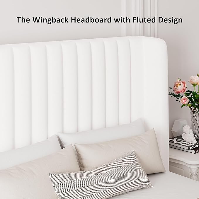 Full Size Lift Up Storage Bed, Upholstered Velvet Platform Bed Frame with Wingback Headboard, Hydraulic System, Solid Wooden Slats Support, No Box Spring Needed, Easy Assembly, White