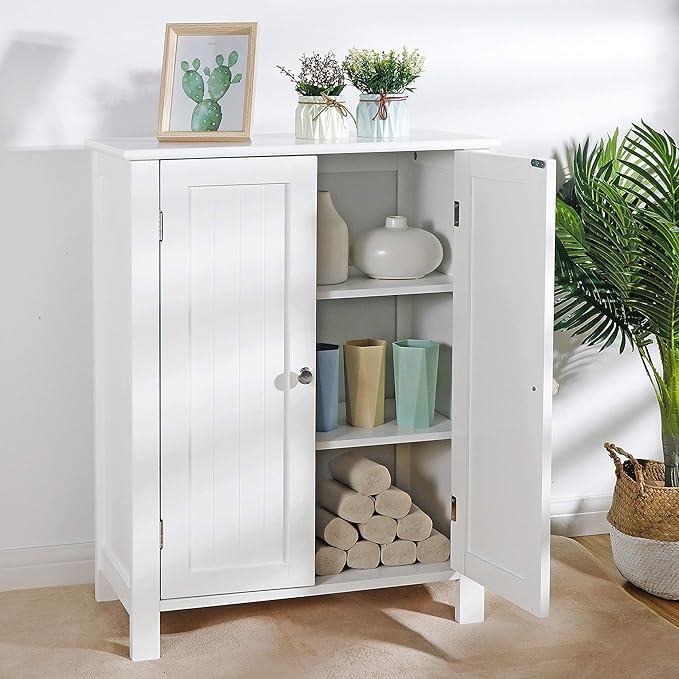 SUPER DEAL Modern Bathroom Floor Storage Cabinet with Adjustable Shelf and Double Door Rust Proof, Living Room Modern Home Furniture Storage Organizer Cabinet