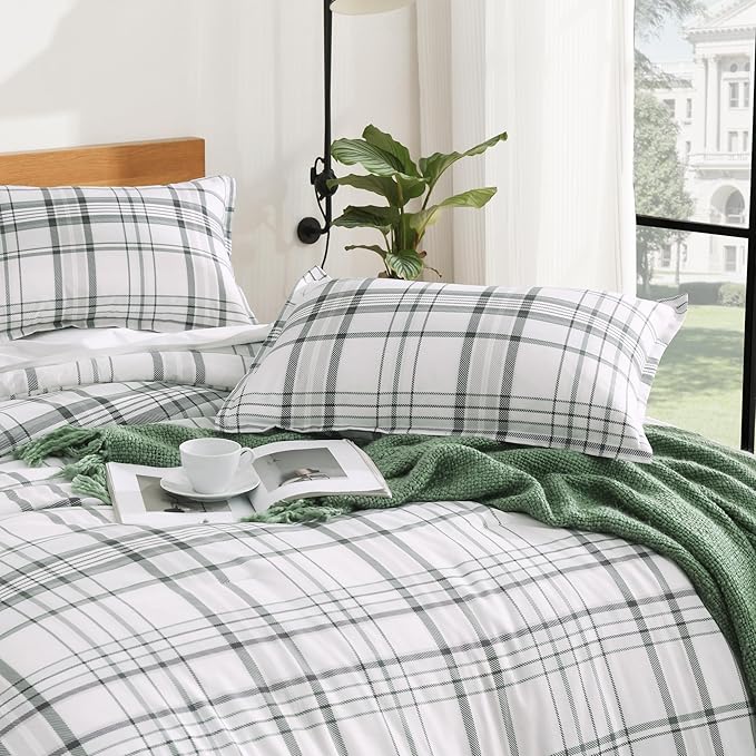 Andency Green White Plaid Comforter Set Twin(66x90 Inch), 2 Pieces Preppy Grid Gingham Stripes Bedding Comforter Sets for Boys Girls Kids, Green Line Soft Lightweight Geometric Reversible Bed Set