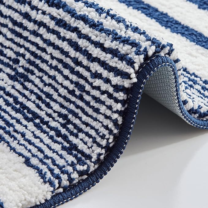 CozeCube Bath mats for Bathroom Non Slip, Fluffy Absorbent Microfiber Bath mat Washable, Aesthetic Bathroom Rugs, Small Navy Blue Striped Bath mat, Navy Blue, 24" x 16"