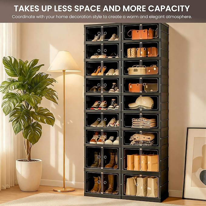 Foldable Shoe Organizer Storage Box Set of 2, Portable Extra Large Folding Shoe Rack for Closet, Shoe Storage Box with Magnetic Transparent Door and Wheels, 9 Layers 18 Grids with 4 Big Grids