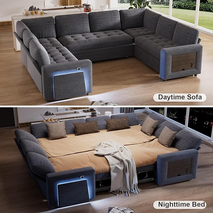 WEUP 8 Seat U Shaped Sectional Sleeper Sofa Bed with Pull Out Bed, Chenille Sectional Sleeper Couch with Adjustable Backrest, USB Ports, LED, Side Table, Tool-Free Assembly, Chenille Dark Grey