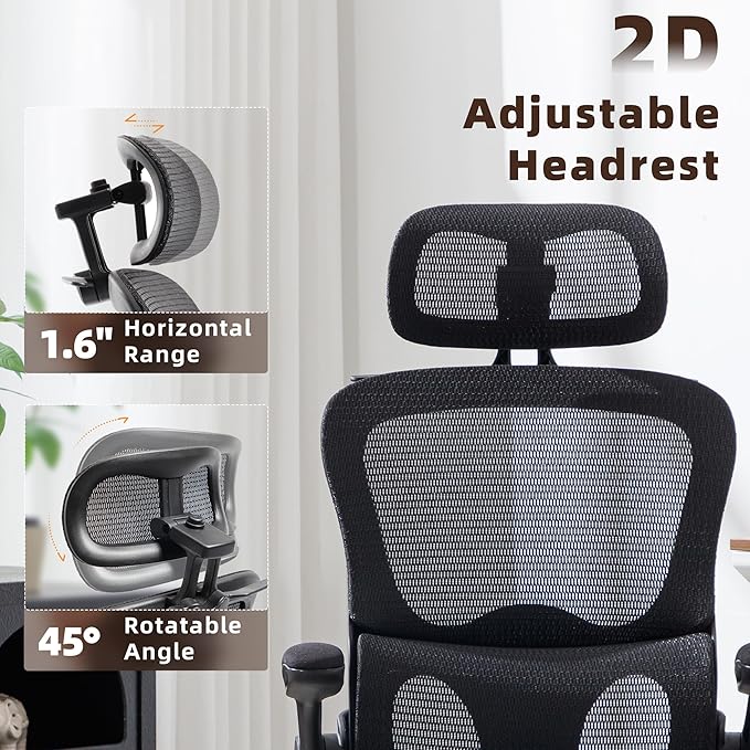 Ergonomic Office Chair, Adjustable High Back Desk Chair with Headrest Footrest 2D Lumbar Support - Executive Breathable Mesh Comfy Swivel Rolling Reclining Computer Task Chairs for Home Office Gaming