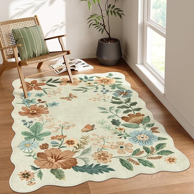 Lahome Floral Bedroom Rug,4x6 Washable Area Rugs for Living Room Dining Room, Non Slip Ultra-Thin Stain Resistant Boho Throw Carpet for ‎Office (4x6ft,Beige)