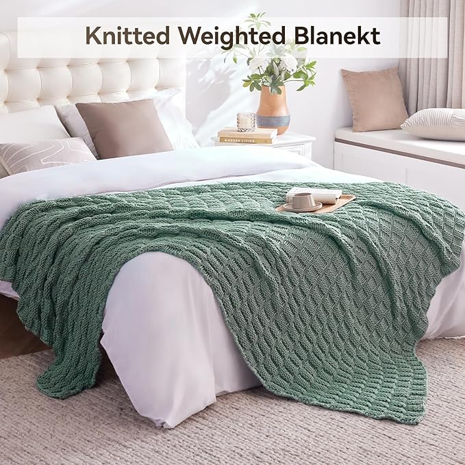 Knitted Weighted Blanket for Adult, No Beads Heavy Blanket 60” x 80'' 20lbs, Breathable Chunky Knit Blanket, Cooling Weighted Blanket for Hot Sleepers, Christmas Home Decor (Light Green)