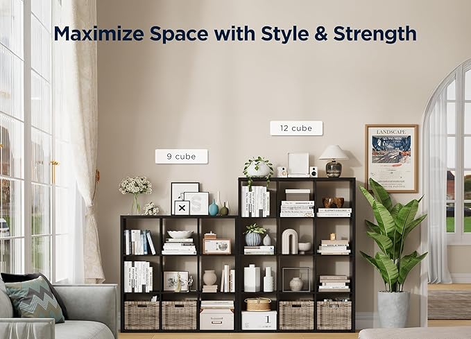 9-Cube Storage Organizer, Wooden Cube Shelf Bookcase with Reinforced Thick Shelves, Heavy-Duty 36.93" L x 9.37" W x 36.93" H, for Living Room Bedroom Home Office, Black
