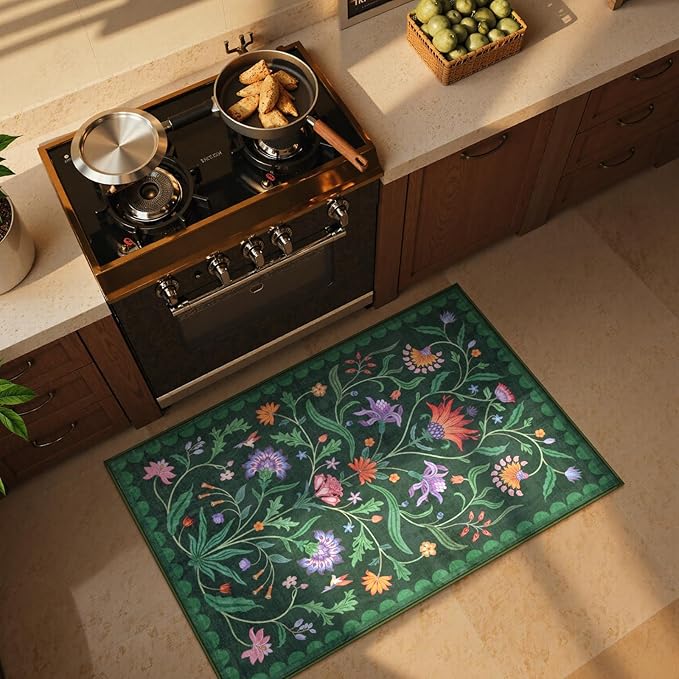 Lahome Boho Floral 2x3 Green Kitchen Rugs for Entryway, Washable Door Mat Indoor Entrance, Small Soft Non-Slip Indoor Carpet Throw Rugs for Bathroom Laundry(Forest Green,2x3)