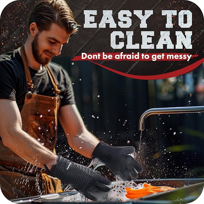 KITCHEN PERFECTION S Silicone Smoker Oven Gloves -Extreme Heat Resistant BBQ Gloves -Handle Hot Food Right on Your Grill Fryer Pit|Waterproof Oven Mitts |Superior Value Set+3 Bonuses
