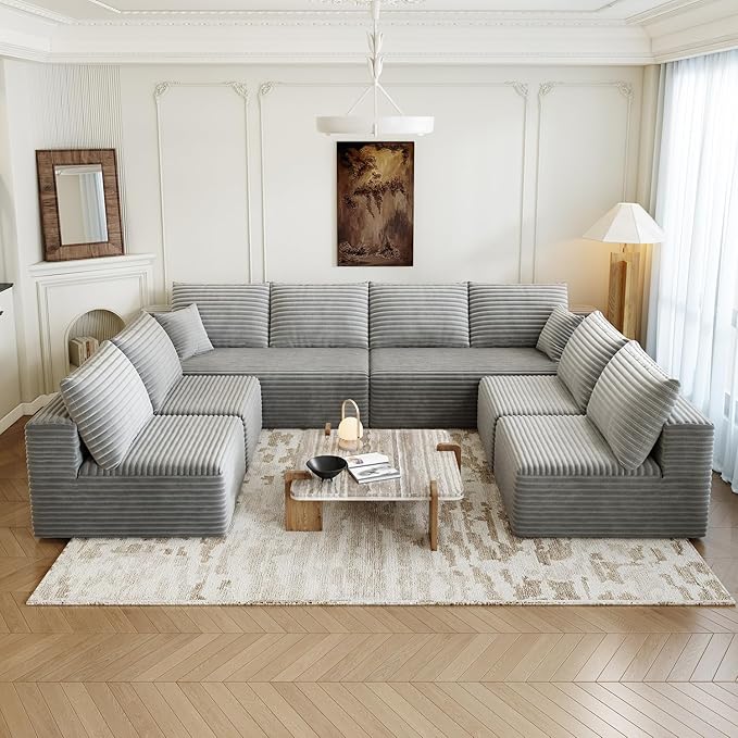 139.4" Modular Sectional Sofa Couch, Oversized U-Shaped Minimalist Couches with 4 Middle Seats Chaise, Modern Deep Seat Cloud Plush Corduroy Sofas Set for Living Room, 8 Seater, Grey