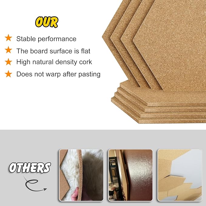 TUPARKA 8 Pack Cork Board Hexagon Bulletin Boards Cork Tiles 8.2"x7" - 1/4" Self-Adhesive Corkboards with 50 Push Pins Mini Wall for Wall Home School Office Decorative (8, 8.2"x7")