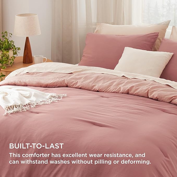Bedsure Queen Size Comforter Set, Reversible Pink Clay Soft Prewashed Bedding for All Seasons, 3 Pieces Warm Down Alternative Bed Set, 1 Lightweight Comforter (90"x90") and 2 Pillowcases (20"x26")