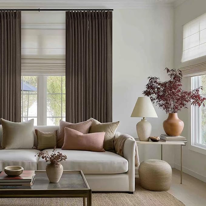 Dark Chocolate Pinch Pleated Linen Curtains 2 Panels for Living Room Bedroom Memory Training Shaped Semi Sheer Pleat Drapes with Hooks Rings Light Filtering Window Curtain 40x102