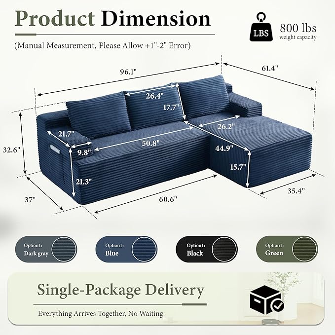 96''Sectional Couches for Living Room Modern Modular Sectional Sofa Upholstered Boneless Couch Comfy Cloud Couch with Chaise (Blue, 96''W Right Facing Chaise)