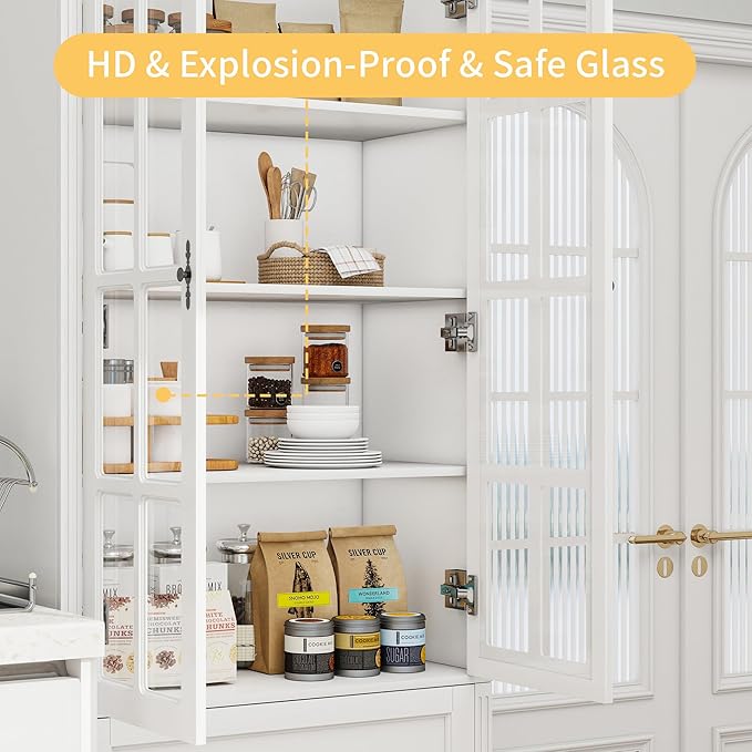 78.8" Tall Bookcase Display Storage Cabinet Hutch with Glass Doors & Drawers - Curio Display Bookshelf Kitchen Pantry for Home, Kitchen, Living Room.