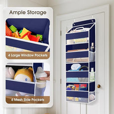 1 Pack Over The Door Organizer, Hanging Storage Organizer with Clear Window, 40lb Ultra Sturdy Large Capacity Room Organizer for Pantry Laundry Bathroom Nursery Closet (Blue)