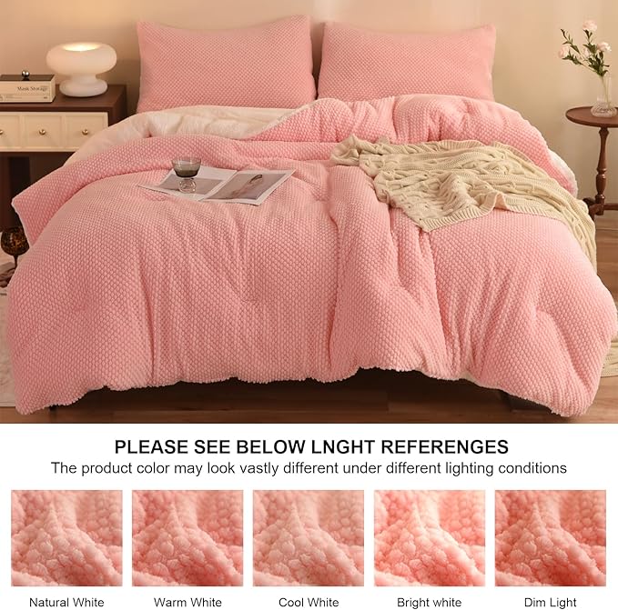3D Jacquard Design Comforter Set, Ultra-Soft Warm King Size Sherpa Fur Plush 3-Pieces Sets Luxury Cozy Bedding with 2 Pillowcases (104"x90", Pink)