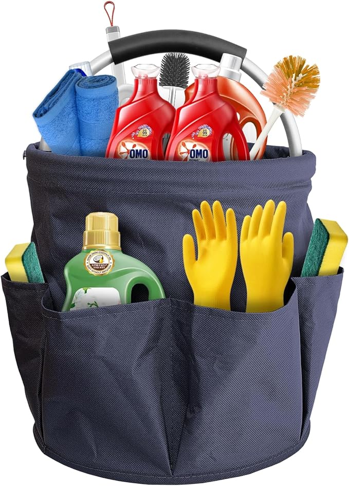 Bucket 17L Cleaning Organizer with Handle with 6 Pockets Foldable Storage Blue Portable Cleaning Bucket Bag Shower Box Home Garden Multifunctional Camping Storage Basket (Blue)