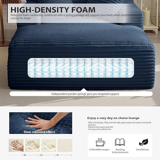 50 Inches Chaise Lounge Indoor, Oversized Chaise Lounge Chair with 3 Throw Pillows and Armrests, Corduroy Upholstered Plush Sofa Bed Lazy Chair Bed Sleeper Chair for Living Room Apartment (Blue)