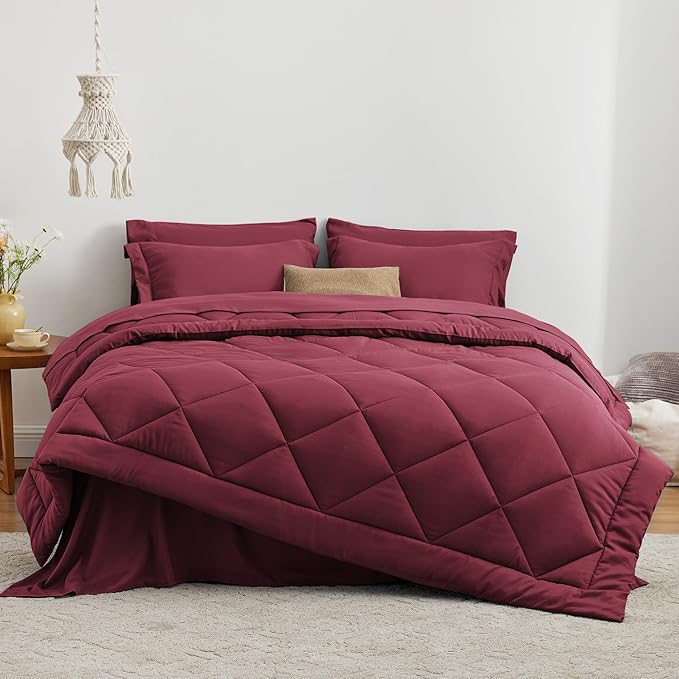 Love's cabin Full Comforter Set Burgundy, 7 Pieces Full Bed in a Bag, All Season Bedding Sets with 1 Comforter, 1 Flat Sheet, 1 Fitted Sheet, 2 Pillowcase and 2 Pillow Sham