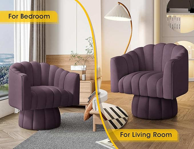 Accent Chair Mid Century 360 Degree Swivel Chair,Modern Lounge Sofa Round Barrel Chair with Wide Upholstered,Fluffy Velvet Fabric Chairs for Home Sofa Living Room/Bedroom/Waiting Room(Purple)
