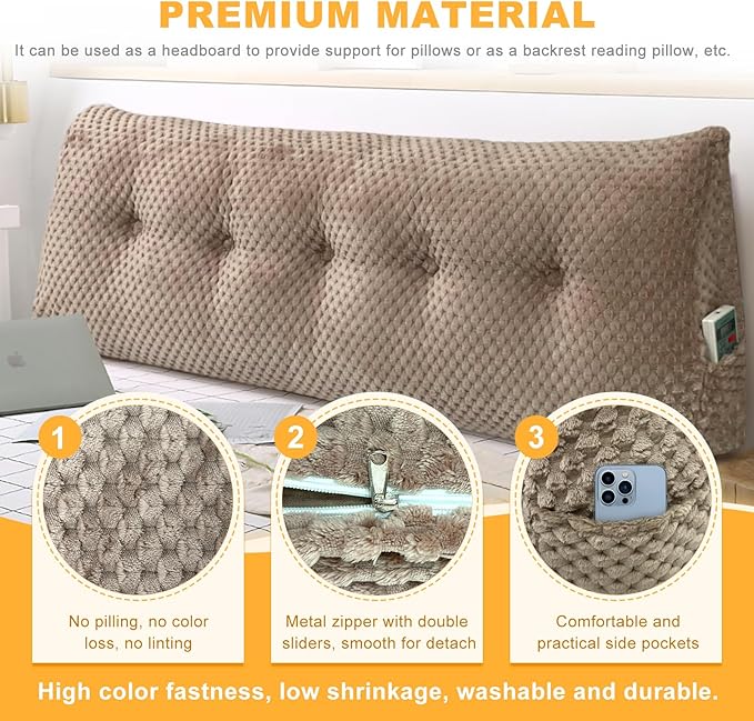 Large Triangular Headboard Wedge Pillow Soft and Supportive Headboard Backrest Positioning Support Bolster Cushion, Bed Wedge Pillow with Removable Cover(Brown,Cal King,71x8x20inch)