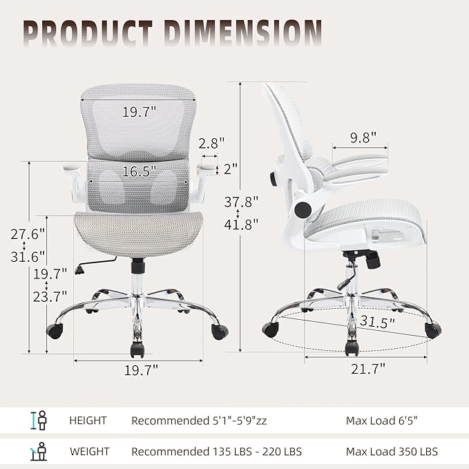 Office Chair, Ergonomic Desk Chair with Adjustable High Back 2D Lumbar Support Flip-up Armrests, Executive Breathable Mesh Comfy Swivel Rolling Computer Task Chair for Home Office Study Work Gaming