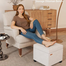 17.7 inches Chenille turfed Ottomans Cube with Storage, Metal-Framed Square Storage Ottoman Foot Rest Stool Holds 770 LB for Dorm Living Room Bedroom White UASND641W