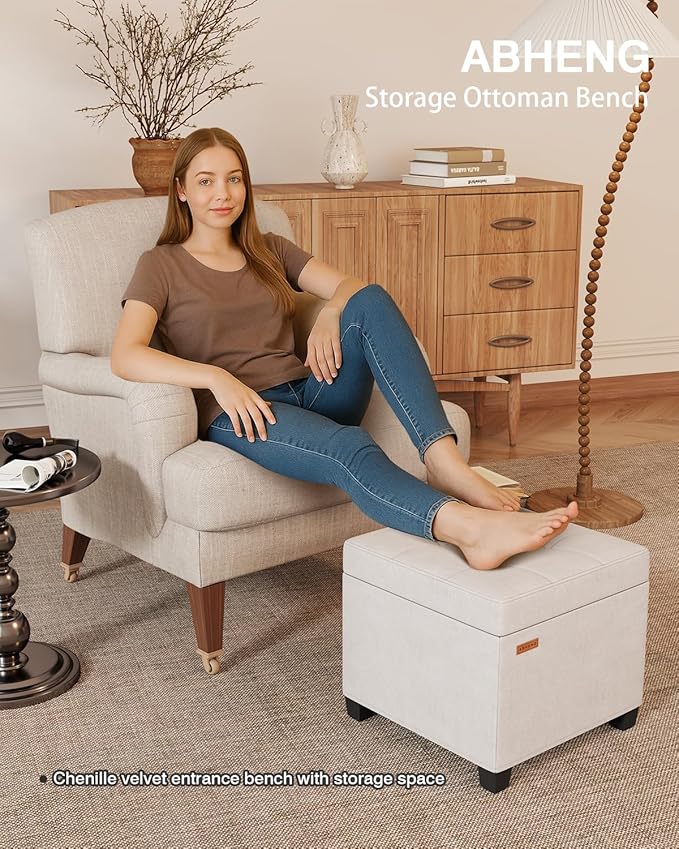 17.7 inches Chenille turfed Ottomans Cube with Storage, Metal-Framed Square Storage Ottoman Foot Rest Stool Holds 770 LB for Dorm Living Room Bedroom White UASND641W
