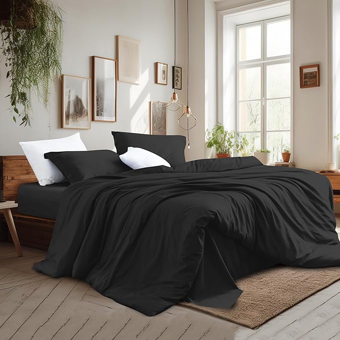 Black Duvet Cover Set King Size 100% Egyptian Cotton 3Pcs Home Bedding Set- 1 Duvet Cover with 2 Pillowcases, 400 Thread Count Super Soft Comforter Cover with Corner Ties(106x90 Inches, Black)