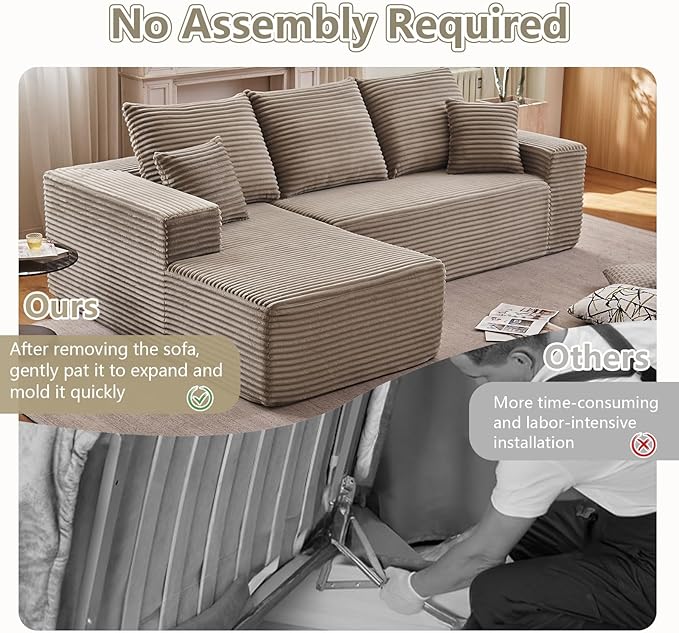 107" Cloud Sectional Couch with L-Shape Chaise, Modern Modular Comfy Sofa with Deep Seat, Upholstered Corduroy Couches Sleeper Chaise Longue for Living Room Bedroom, No Assembly Required, Camel