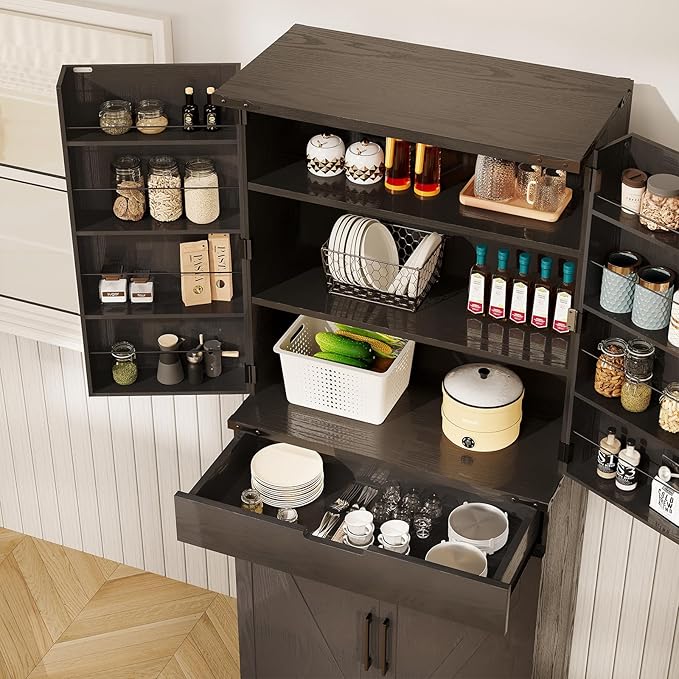 72" Tall Storage Cabinet, Kitchen Pantry Cabinet with Adjustable Shelves & Sturdy Steel Frame, Farmhouse Pantry Storage with 4 Barn Doors for Kitchen, Dining Room, and Living Room, Black