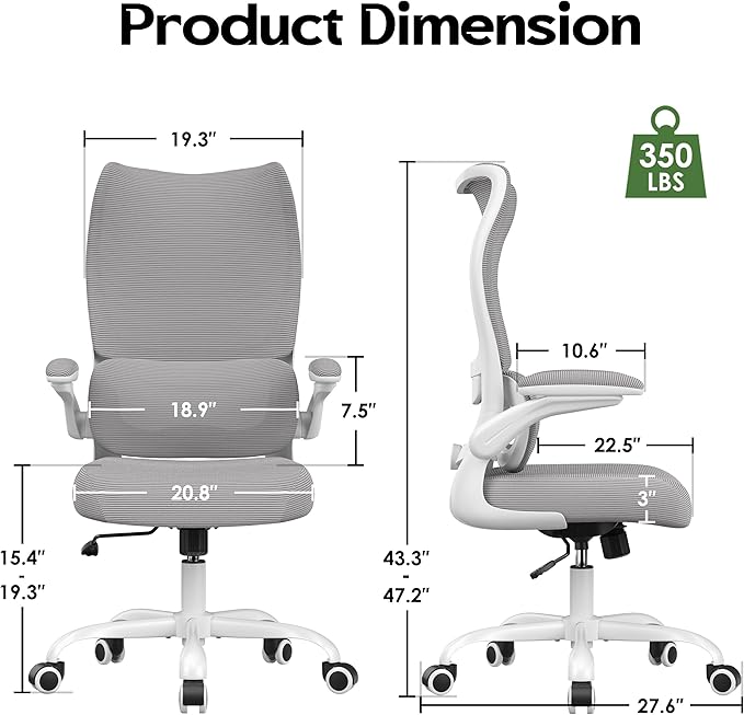 Office Chair Ergonomic Desk Chair - Comfy Mesh High Back Office Chair with Lumbar Support Wheels Home Desk Office Chairs Flip up Armrest Executive Rolling Swivel Task Work Computer Chair Grey