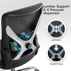 Office Home Ergonomic Desk Chair-Computer X-Shaped Chair Mesh PU Leather with Adjustable Lumbar Support-Executive Chair High Back Flip-Up Arms for Long Hours (Black-Silver-No Headrest)