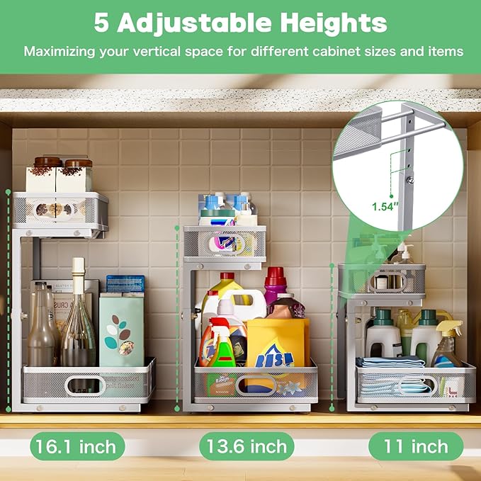 Uder Sink Organizer, High Adjustable 2 Tier Under Sink Organizers and Storage, Slide Out Metal Cabinet Organizers, Pull Out Sink Storage Drawer Shelf for Kitchen Bathroom Cabinet, Grey, 2 Pack