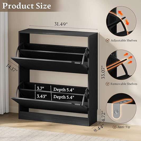 Shoe Cabinet with 2 Flip Drawers, Slim Narrow Shoe Storage Cabinet, Freestanding Shoe Organizer with Adjustable & Removable Shelves, Top Display Shelf for Entryway, Hallway, Foyer, Closet