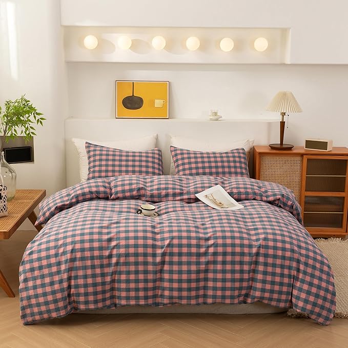 ECOCOTT Duvet Cover Queen Size, 100% Washed Cotton Linen-Like Soft & Breathable, Durable Comfy Bedding Set for All Seasons, Purple Pink Plaid