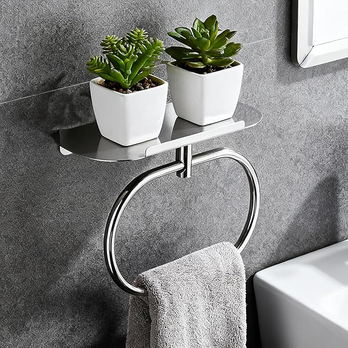 Towel Ring with Shelf Steel Self, Stainless Steel Bath Towel Rings, Self Adhesive Hand Towel Ring for Bathroom, Wall Mounted Towel Hanger for Bathroom Kitchen (Chrome)