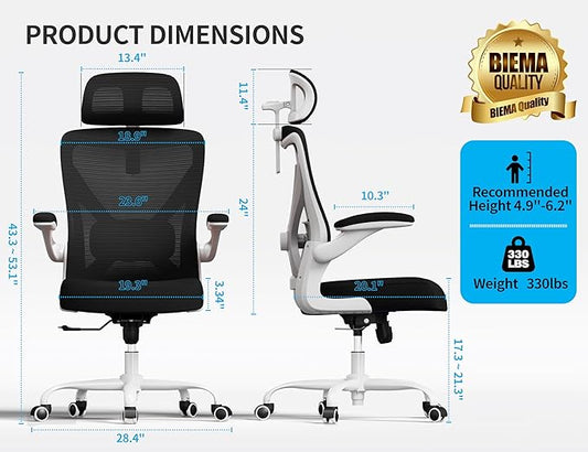 Ergonomic Office Chair - Computer Desk Chair with Adjustable Lumbar Support - 300lbs Executive Desk Chair High Back with Headrest Flip-Up Arms for Long Hours, Rolling Chair (White Black)