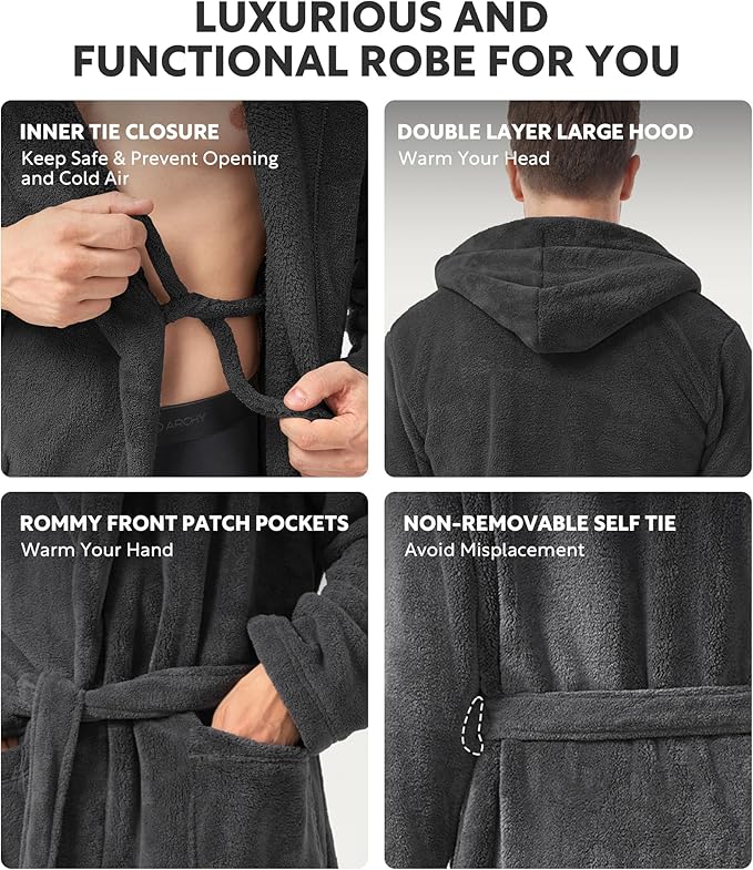 DAVID ARCHY Men's Hooded Robe Soft Coral Fleece Microfiber Bathrobe