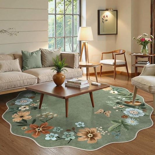 Lahome Floral Washable Round Area Rug, Round Rug 5ft Soft Non-Slip, Non-Shedding Boho Circle Carpet for Bedroom Living Room Bathroom Nursery Kitchen, Green
