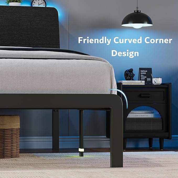 iPormis Full Size Metal Bed Frame with LED Lights & Charging Station, Platform Bed with Ergonomic Storage Headboard, Steel Slats Supports, No Box Spring Needed, Noise-Free, Easy Assembly, Black
