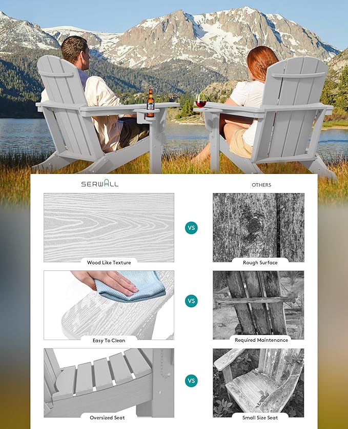 SERWALL Adirondack Chair with Cup Holders - Composite Adirondack Chairs Set of 2 HDPE Outdoor Chairs All Weather Use- Silver Gray