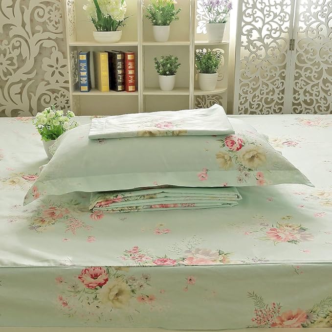 FADFAY Green Floral Bed Sheet Set Cotton Sheets 4-Piece Queen Size