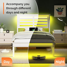 VINGLI Solid Wood Twin Bed Frame with LED Lights & USB Charging Station Single Platform Panel Bed with 40 Inches Tall Headboard for Kids,No Box Spring Needed,White