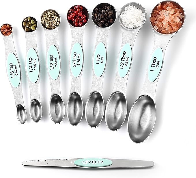 Spring Chef Stainless Steel Magnetic Measuring Spoons Set of 8 with Leveler, Metal Teaspoon & Tablespoon Measuring Spoons, Fits in Spice Jars, Kitchen Gadgets for Baking & Cooking - Set of 2 - Mint