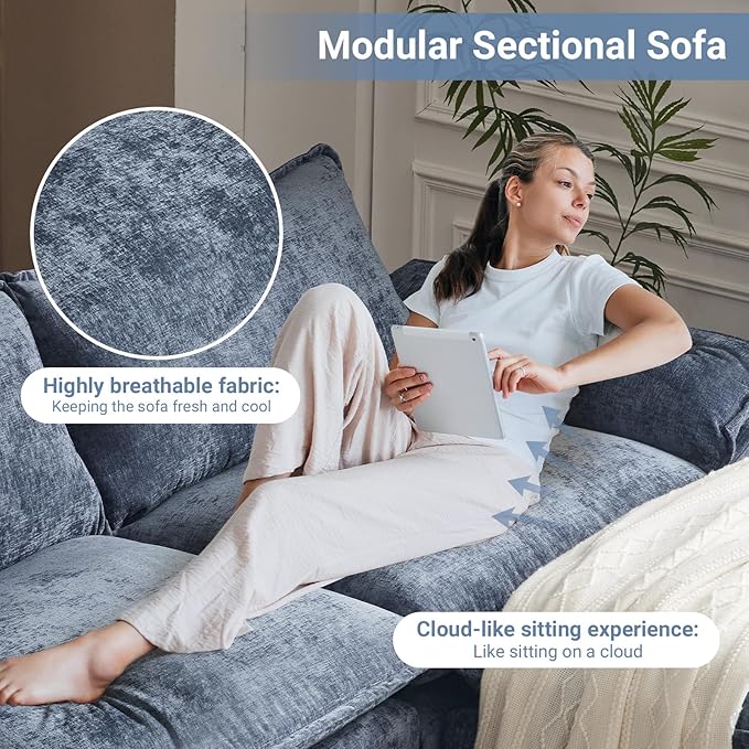 VINGLI 157" Cloud Navy Blue Convertible Sectional Sofa, Comfy U-Shape Extra Deep Seat Sofa Couch for Living Room,Modern Chenille 4-Seat Convertible Sofa with 2 Movable Ottomans for Small Space