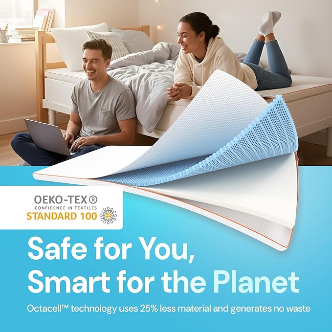 Dormeo The Essentials Dorm Mattress Topper for College, 2″ Cooling Octacell™ Airflow Comfortable Foam Dorm Bed Topper, Lightweight with Non-Slip Base, Perfect for College Student Bedding